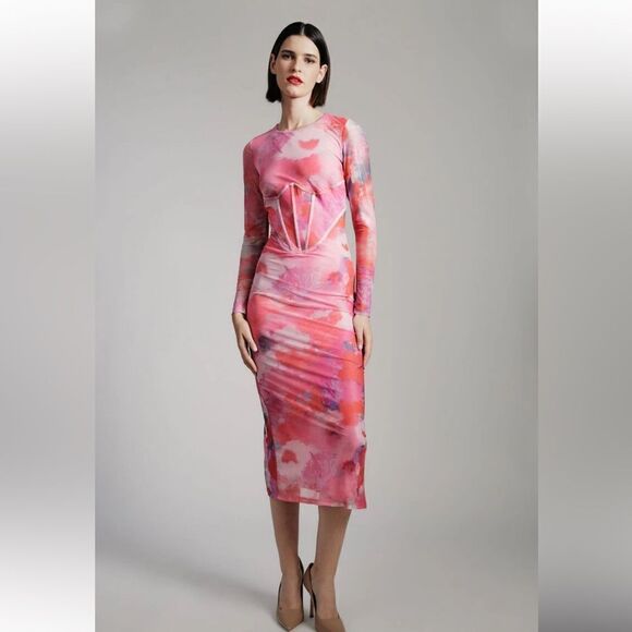 BARDOT Lena corset Mesh Midi Dress In Wildflower print bodycon Revolve XL 10 - Picture 2 of 16